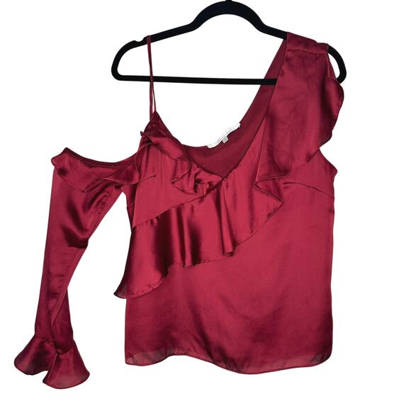 Revolve Lovers + Friends Deep Red Ruffled Flowy One-Sleeve Shoulder Blouse L - Picture 1 of 11